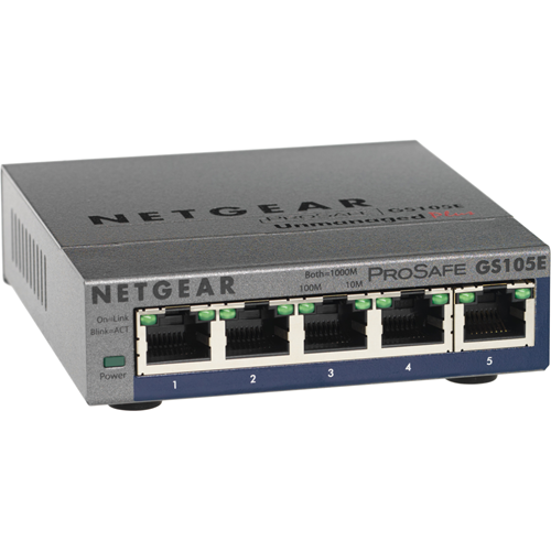 Netgear ProSafe GS105E 5 poorten Beheer mogelijk Ethernetswitch - 2 Layer Supported - Bureaublad, Monteerbaar in rek - Levenslang Limited Warranty