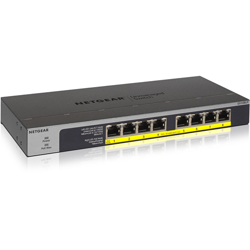Netgear GS108LP 8 Poorten Ethernetswitch - Gigabit Ethernet - 1000Base-T - 2 Ondersteunde laag - Stroomvoorziening - Twisted-pair - Op muur monteerbaar, Bureaublad, Monteerbaar in rek